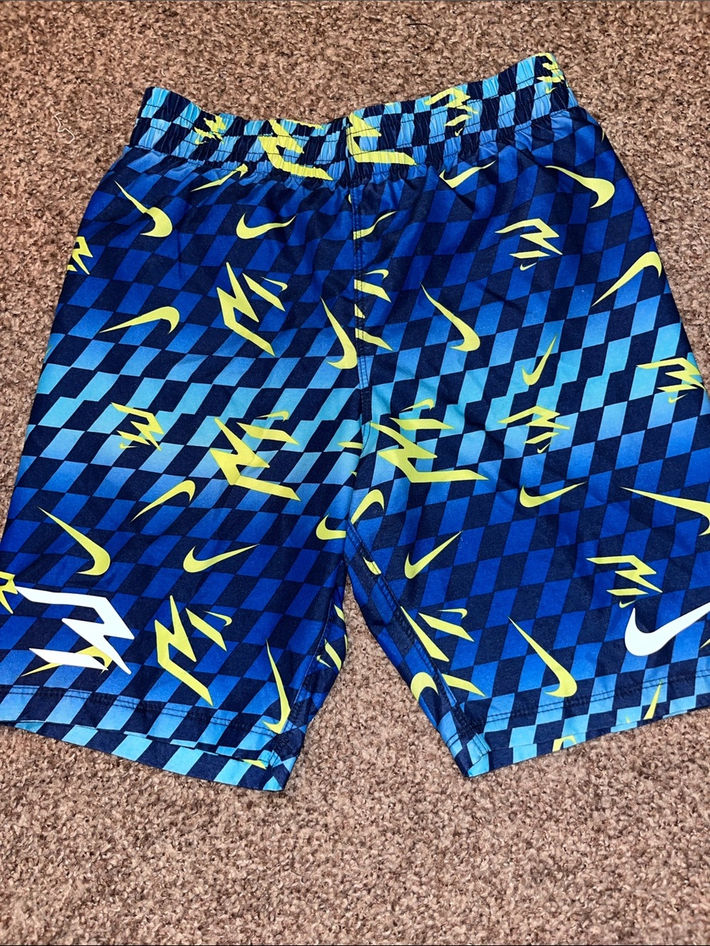 Nike Blue Checkerboard swim Shorts with Neon Yellow Swooshes